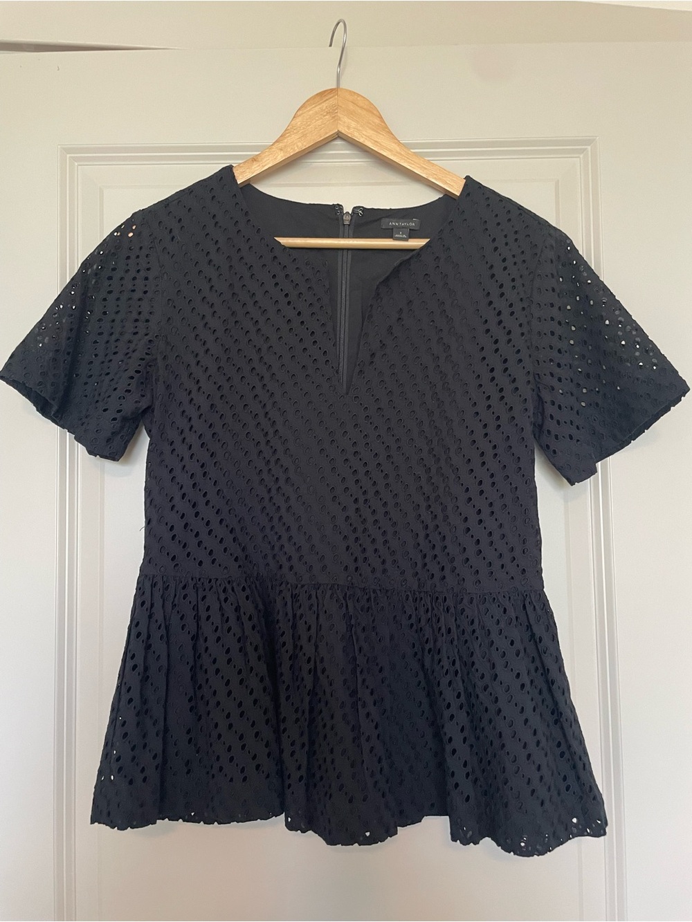 Ann Taylor Black Eyelet Peplum Short-Sleeve Top